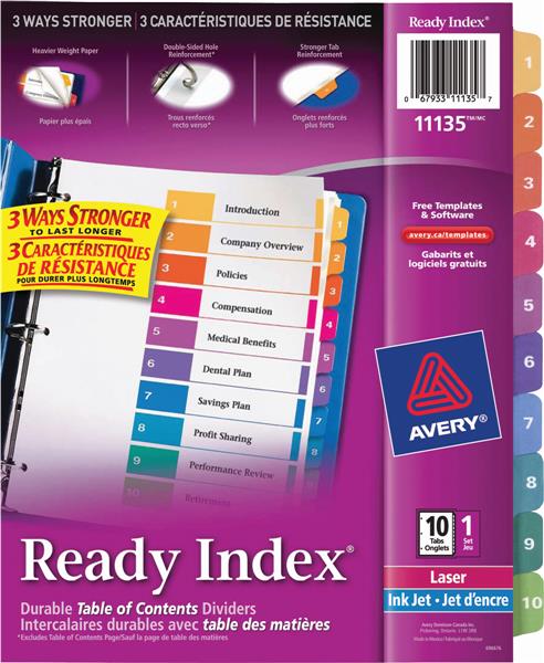 Avery Ready Index Multi-Coloured Table of Contents Dividers (10 numbered tabs) - Image 1